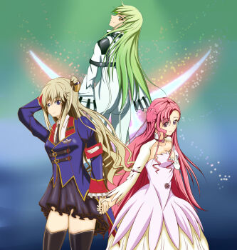 3girls ahoge armband ass black_necktie black_skirt blonde_hair blue_eyes breasts c.c. code_geass double_bun dress euphemia_li_britannia feet_out_of_frame green_hair hair_bun holding_hands leila_malcal long_dress long_hair looking_at_viewer medium_breasts military_uniform minikurou multiple_girls necktie purple_eyes purple_hair red_armband simple_background skirt smile thighhighs upper_body white_dress yellow_eyes