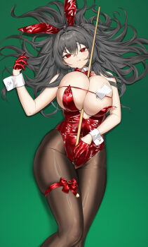 1girl absurdres animal_ear_hairband animal_ears azur_lane between_breasts billiards black_hair bow bowtie breasts cue_stick fake_animal_ears gloves hairband highres holding holding_cue_stick huge_breasts latex latex_gloves latex_leotard leotard long_hair official_alternate_costume on_table pantyhose pixel_(yuxian) playboy_bunny pool_table rabbit_ear_hairband rabbit_ears red_bow red_bowtie red_eyes red_leotard solo strapless strapless_leotard table taihou_(azur_lane) taihou_(fun_on_the_baize)_(azur_lane) undersized_breast_cup very_long_hair white_wrist_cuffs wrist_cuffs