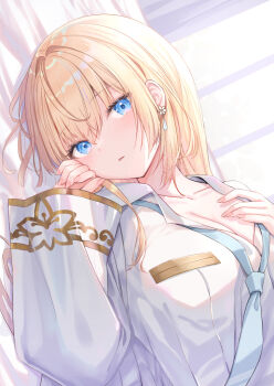 1girl akasaka_asa blonde_hair blue_eyes blue_necktie breasts bright_background cleavage collarbone collared_shirt commentary_request earrings flower_earrings gold_trim indie_virtual_youtuber jacket jewelry karakuri_emily long_hair long_sleeves looking_at_viewer lying medium_breasts necktie on_bed on_side open_clothes open_jacket partially_unbuttoned shirt solo upper_body virtual_youtuber white_jacket white_shirt