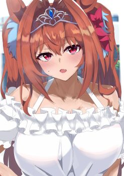 1girl absurdres animal_ears bare_shoulders blush breasts brown_hair casual collarbone commentary_request daiwa_scarlet_(casual)_(umamusume) daiwa_scarlet_(umamusume) ekazawa_sdvx frilled_shirt frills hair_intakes highres horse_ears horse_girl large_breasts long_hair looking_at_viewer off_shoulder open_mouth red_eyes shirt solo sweatdrop tiara twintails umamusume upper_body very_long_hair white_shirt