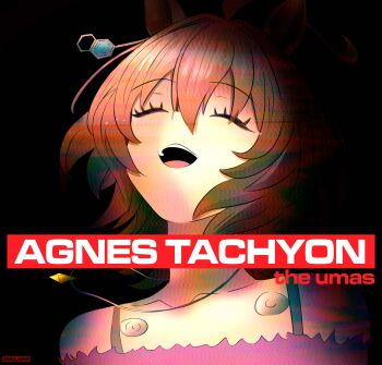 1girl absurdres agnes_tachyon_(umamusume) ahoge album_cover_redraw alterworshiper animal_ears bare_shoulders black_background bra_strap brown_hair closed_eyes collarbone cover derivative_work ear_ornament happy highres horse_ears jewelry necklace off-shoulder_shirt off_shoulder open_mouth parody purple_shirt radiohead_(band) shirt solo tears teeth the_bends_(album) umamusume upper_teeth_only