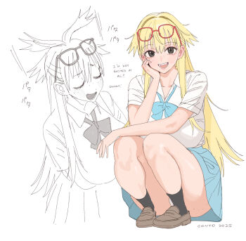 1girl ass ass_freckles blonde_hair body_freckles breasts catherine_(conto) conto eyewear_on_head freckles glasses hair_flaps large_breasts long_hair original panties pantyshot pleated_skirt red-framed_eyewear school_uniform simple_background skirt squatting underwear upskirt white_background white_panties