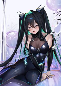 1girl :d absurdres aqua_hair bare_shoulders black_bodysuit black_hair black_nails blush bodysuit breasts chromatic_aberration collarbone colored_inner_hair commentary cowboy_shot detached_sleeves e9ua1 fingernails goddess_of_victory:_nikke hair_between_eyes hair_intakes headgear highres large_breasts little_mermaid_(nikke) long_bangs long_hair long_sleeves looking_at_viewer multicolored_hair nail_polish neon_trim open_mouth purple_background sidelocks sitting sleeveless sleeveless_bodysuit smile solo teeth twintails two-tone_hair upper_teeth_only very_long_hair water yellow_eyes