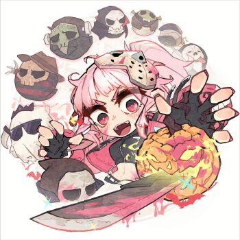 1girl a_nightmare_on_elm_street bat_(animal) cosplay death-sensei_(mori_calliope) dracula dracula_(cosplay) fang fingerless_gloves frankenstein frankenstein&#039;s_monster frankenstein&#039;s_monster_(cosplay) freddy_krueger freddy_krueger_(cosplay) ghost ghostface ghostface_(cosplay) gloves halloween high_ponytail highres hockey_mask holding holding_phone hololive hololive_english jack-o&#039;-lantern jacket kuran472e machete mask mask_on_head mori_calliope navel phone pink_hair pink_jacket pink_nails ponytail red_eyes scream_(movie) shrek shrek_(cosplay) shrek_(series) sparkle v-shaped_eyebrows virtual_youtuber