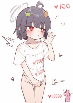 1girl absurdres ahoge black_hair blue_archive bright_pupils closed_mouth cowboy_shot cut-here_line grey_halo halo hand_up haniwa_(statue) heart highres leaf leaf_on_head loli miyu_(blue_archive) red_eyes shirt shirt_tug short_hair short_sleeves solo thigh_gap twitter_cutting_game twitter_strip_game white_background white_pupils white_shirt yungun_(dbsrjsdn0330)