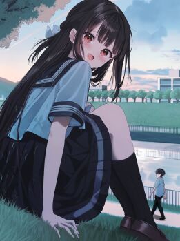 1boy 1girl :d black_hair black_pants black_sailor_collar black_skirt black_socks blue_bow blue_sky blush bow braid brown_shoes building cloud commentary_request contrail evening from_behind full_body gradient_sky grass hair_bow half_up_braid hand_on_ground highres kneehighs knees_up loafers long_hair looking_at_viewer looking_back miniskirt on_grass open_mouth orange_eyes orange_sky original osana_naruka outdoors pants path pentagon_(railgun_ky1206) people pleated_skirt railing reflection reflective_liquid ribbed_socks road sailor_collar school_uniform serafuku shirt shoes short_hair short_sleeves sidelocks sitting skirt sky smile socks solo_focus stream tree very_long_hair walking water white_shirt