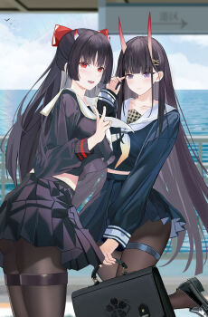 2girls :d absurdres adjusting_hair azur_lane bag black_hair black_pantyhose black_serafuku black_shirt black_skirt blue_serafuku blue_shirt blue_skirt bow breasts changgong8745 commentary_request day demon_girl demon_horns fang from_side hair_bow hair_ornament hairclip hand_up happy highres hip_focus horns long_hair looking_at_viewer looking_back medium_breasts miniskirt multiple_girls neckerchief noshiro_(azur_lane) ocean oni open_mouth pantyhose pleated_skirt purple_eyes red_bow red_eyes sakawa_(azur_lane) sakura_empire_(emblem) school_bag school_uniform serafuku shirt skindentation skirt smile standing standing_on_one_leg thigh_strap thighs v very_long_hair white_neckerchief x_hair_ornament