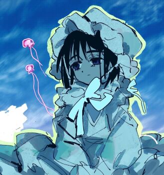 1girl alien_stage black_hair bonnet commentary dress english_commentary grey_eyes jellyfish short_hair solo sua_(alien_stage) sunnyirry white_bonnet white_dress