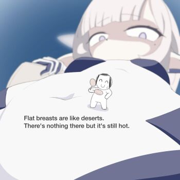 1boy 1girl blue_archive bodysuit breasts commentary covered_navel doodle_sensei_(blue_archive) english_commentary english_text fanning_self giant giantess hand_fan highres himari_(armed)_(blue_archive) himari_(blue_archive) long_hair mole mole_under_eye obaba_tw official_alternate_costume paper_fan pointy_ears purple_eyes sensei_(blue_archive) shaded_face small_breasts uchiwa white_bodysuit white_hair