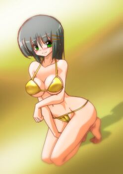 1girl aizawa_sakuya anzai_satsuki arm_under_breasts bare_shoulders bikini blush breasts cleavage collarbone feet gold_bikini green_eyes grey_hair hair_ornament hayate_no_gotoku! highres kneeling large_breasts legs navel short_hair simple_background solo stomach swimsuit thighs toes