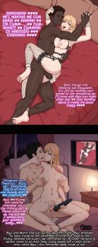 1girl 2boys barefoot bed black_hair black_nails blonde_hair blush collar cum cum_in_pussy dark-skinned_male dark_skin earrings english_text feet fishnets gojou_wakana gyaru highres interracial jewelry kiss kitagawa_marin lipstick_mark long_hair multiple_boys netorase nude penis piercing sex sono_bisque_doll_wa_koi_wo_suru uncensored vaginal zeph