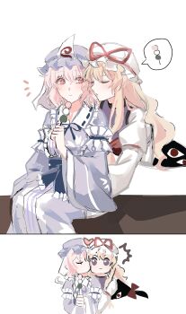 Rule 34 | 2girls, blonde hair, blue hat, blue kimono, blue ribbon, blush, bow, closed eyes, closed mouth, commentary request, corrupted twitter file, dango, food, frilled kimono, frills, gap (touhou), hair bow, hat, hat ribbon, heart, highres, holding, holding skewer, japanese clothes, kimono, kiss, kissing cheek, long hair, long sleeves, mob cap, multiple girls, neck ribbon, notice lines, onigiri 222x714, open mouth, pink eyes, pink hair, purple tabard, red bow, ribbon, saigyouji yuyuko, sanshoku dango, sitting, skewer, sleeve garter, speech bubble, spoken food, tabard, touhou, triangular headpiece, wagashi, wide sleeves, yakumo yukari, yuri