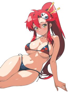 1girl arm_support artist_request bikini breasts closed_mouth curvy expressionless highres large_breasts legs long_hair looking_at_viewer navel ponytail red_hair solo swimsuit tengen_toppa_gurren_lagann thighs thong_bikini very_long_hair yellow_eyes yoko_littner