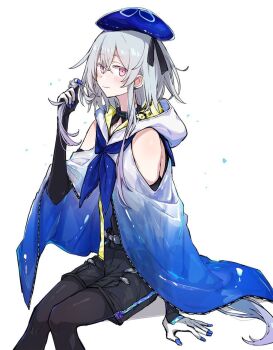 1boy aqua_hair arknights azuma_shino bare_shoulders beret black_collar black_leggings black_ribbon black_shorts blue_headwear blue_neckerchief blush closed_mouth collar detached_sleeves earrings gloves gradient_hair hair_between_eyes hat highres hood hood_down infection_monitor_(arknights) jewelry leggings long_hair looking_at_viewer male_focus mizuki_(arknights) multicolored_hair neckerchief pink_eyes pov pov_hands purple_hair ribbon shirt shorts sidelocks simple_background sitting sleeveless sleeveless_shirt smile solo_focus trap twirling_hair white_background