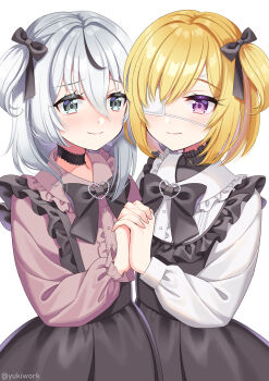 2boys black_bow black_choker black_skirt blonde_hair blush bow choker closed_mouth commission dress eyepatch frilled_dress frilled_shirt frilled_skirt frills grey_eyes grey_hair hair_bow heart highres holding_hands interlocked_fingers jirai_kei lace-trimmed_choker lace_trim light_smile long_hair male_focus medical_eyepatch multiple_boys one_side_up original pink_shirt purple_eyes raised_eyebrows raised_inner_eyebrows shirt short_hair simple_background skeb_commission skirt standing suspender_skirt suspenders trap white_shirt yukinko_(yukiwork)