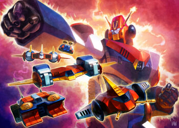 aircraft antennae choudenji_robo_combattler_v clenched_hand combattler_v_(robot) electricity fmu gattai mecha military military_vehicle motor_vehicle no_humans robot signature submarine super_robot tank watercraft