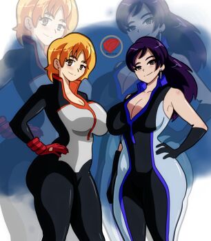 Rule 34 | 2girls, blonde hair, breasts, digimon, digimon savers, kurosaki miki, long hair, looking at viewer, multiple girls, purple hair, shirakawa megumi, short hair, smile, xaos