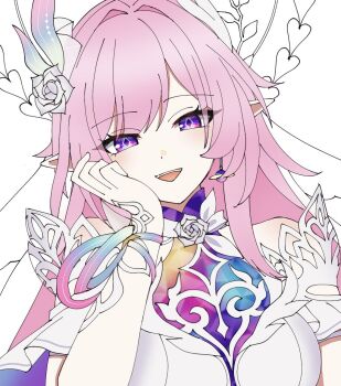 1girl breasts cyrene_(demiurge)_(honkai:_star_rail) cyrene_(honkai:_star_rail) diamond-shaped_pupils diamond_(shape) dress earrings flower hair_flower hair_ornament hashtag-only_commentary highres honkai:_star_rail honkai_(series) jewelry large_breasts long_hair looking_at_viewer open_mouth pink_hair pointy_ears purple_eyes simple_background smile solo symbol-shaped_pupils very_long_hair white_background white_dress yukimi_(yuyuyu_324)