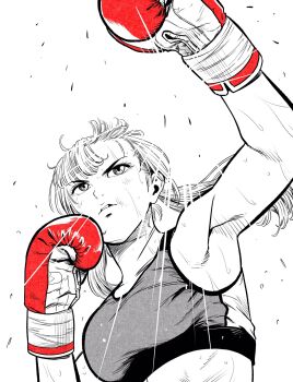 1girl armpits boxing_gloves breasts commentary_request from_below gloves greyscale highres lee_(dragon_garou) light_rays long_hair low_twintails medium_breasts monochrome original parted_lips punching red_gloves serious solo sports_bra spot_color sweat twintails upper_body v-shaped_eyebrows