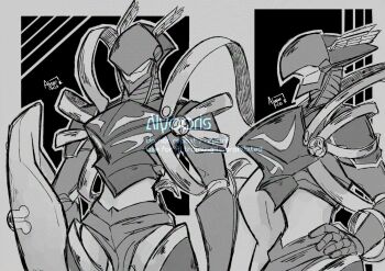 Rule 34 | alycoris, armor, cowboy shot, digimon, digimon (creature), grey background, greyscale, holding, holding shield, knight, lordknightmon, monochrome, multiple views, ribbon, shield, simple background