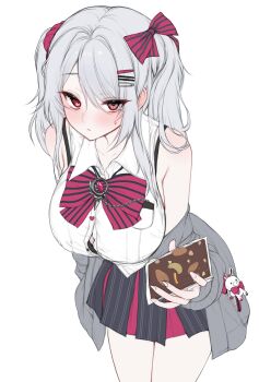 1girl absurdres bare_shoulders black_bra black_skirt bow bowtie bra breast_pocket breasts collared_shirt commission cowboy_shot gadeung_hye grey_jacket hair_bow hair_ornament hairclip highres holding jacket large_breasts leaning_forward long_hair looking_at_viewer miniskirt off_shoulder original partially_unbuttoned pleated_skirt pocket red_eyes riche_leilani shirt simple_background skirt sleeveless sleeveless_shirt solo sweatdrop two_side_up underwear white_background white_hair white_shirt