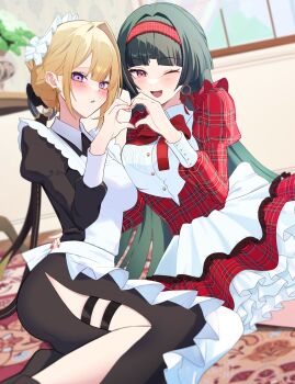 2girls alternate_costume apron astra_yao black_dress black_hair blonde_hair blush breasts carpet commentary_request cowboy_shot dress earrings enmaided evelyn_chevalier hair_intakes hairband heart heart_hands heart_hands_duo highres indoors jewelry large_breasts layered_dress long_hair looking_at_viewer maid maid_apron maid_headdress multiple_girls one_eye_closed open_mouth parted_lips plaid_clothes plaid_dress plaid_hairband plant potted_plant purple_eyes red_dress red_hairband ruaruayana sitting thigh_strap uneven_bangs white_apron window yokozuwari zenless_zone_zero