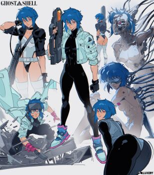 1girl absurdres ass blue_hair commentary cyborg fingerless_gloves ghost_in_the_shell gloves highres holding holding_weapon jacket kusanagi_motoko leotard multiple_views open_clothes open_jacket polluxery red_eyes short_hair skin_tight solo weapon