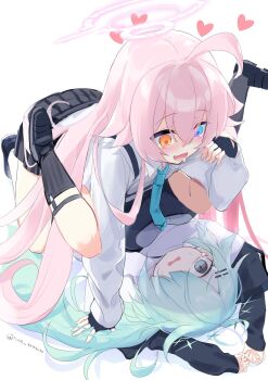 2girls black_socks blue_archive blue_eyes blue_necktie candy_moon777 green_eyes green_hair grey_skirt hair_over_one_eye highres hiyori_(blue_archive) hoshino_(blue_archive) long_hair looking_at_viewer multiple_girls necktie one_eye_covered pink_hair shirt skirt socks thighs white_shirt yellow_eyes yuri