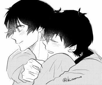 Rule 34 | 2boys, bachira meguru, blue lock, blush, closed eyes, commentary request, greyscale, hug, hug from behind, isagi yoichi, kamo yuzuponz, male focus, monochrome, multiple boys, short hair, simple background, smile, white background, yaoi
