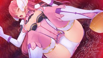 1girl blush boots breasts breasts_out closed_eyes dress dutch_angle en_ciel_rena en_ciel_rena_(sin) game_cg gloves kourin_tenshi_en_ciel_rena large_breasts large_variant_set long_hair magical_girl nipples non-web_source official_art open_mouth panties pink_dress pink_hair pink_thighhighs saitou_natsuki short_dress slime_(substance) solo spread_legs suggestive_fluid suhamaya thighhighs tomoe_rena underwear variant_set white_gloves white_panties