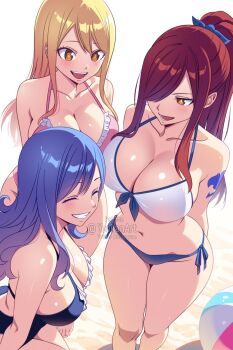Rule 34 | 3girls, ball, beach, beachball, bikini, blonde hair, blue bikini, blue hair, breasts, brown hair, commentary, english commentary, erza scarlet, fairy tail, frilled bikini, frills, group picture, hair over one eye, high ponytail, highres, juvia lockser, large breasts, long hair, lucy heartfilia, multiple girls, open mouth, parted lips, pink bikini, ponytail, sand, smile, swimsuit, white bikini, yellow eyes, yookanart