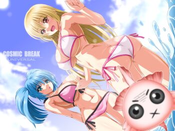 2girls :o alternate_costume ass bikini blonde_hair blue_eyes blue_hair breasts cloud copyright_name cosmic_break crimrose fish highres kumashiro_izuta large_breasts lily_rain long_hair looking_at_viewer multiple_girls open_mouth outdoors red_eyes sky smile swimsuit twintails water