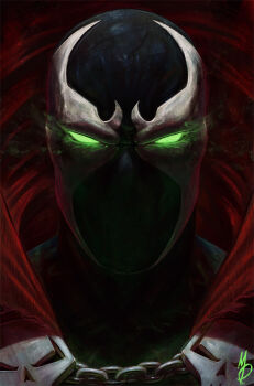 Rule 34 | 1boy, bodysuit, cape, glowing, glowing eyes, green eyes, highres, looking at viewer, male focus, max58art, portrait, red cape, signature, solo, spawn (comic), spawn (spawn)