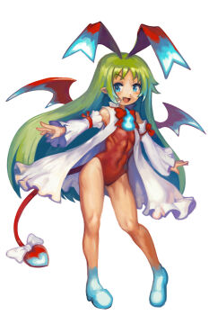 1girl angel bat_wings blue_eyes bow demon_girl demon_tail demon_wings detached_sleeves disgaea fallen_angel flonne flonne_(fallen_angel) fusion green_hair highres hitodama long_hair makai_senki_disgaea marona_(phantom_brave) multicolored_hair open_mouth phantom_brave pointy_ears red_wings ribbon smile solo streaked_hair tail tail_bow tail_ornament wings yilx