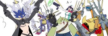 2girls absurdres aiming_up announcement_celebration arms_up beelstarmon black_coat black_hair blonde_hair breasts cannondramon closed_eyes coat cyborg digimon digimon_(creature) digimon_story:_time_stranger firing galgomon goggles goggles_on_head gun gundramon handgun highres holding holding_gun holding_weapon horns kakudrawmon large_breasts long_hair mechanical_wings medium_hair metalgarurumon multiple_girls non-humanoid_robot revolmon revolver robot robot_dragon sharp_teeth shoulder_cannon simple_background single_horn teeth third_eye underboob weapon weapon_connection white_background wings wolf yuuki_kanan yuuki_kanan
