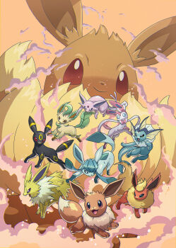 1other 6+others ahoge aqua_fur artist_name black_eyes black_fur black_sclera blue_sclera blue_skin brown_fur colored_sclera colored_skin dynamax eevee espeon evolutionary_line fins fish_tail flareon floating full_body gen_1_pokemon gen_2_pokemon gen_4_pokemon gen_6_pokemon giant glaceon green_fur hair_intakes jackson_caspersz jolteon leaf leafeon multiple_others nintendo open_mouth orange_background pink_fur pokemon purple_fur red_eyes red_fur ribbon running scales smile smoke sylveon tail umbreon vaporeon white_eyes white_fur yellow_fur