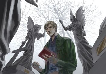 Rule 34 | 1boy, amantes404, angel statue, blonde hair, blue shirt, book, collared shirt, commentary, english commentary, from below, furrowed brow, graveyard, green jacket, highres, holding, holding book, jacket, james sunderland, male focus, mature male, outdoors, shirt, short hair, silent hill (series), silent hill 2, solo, tree, upper body