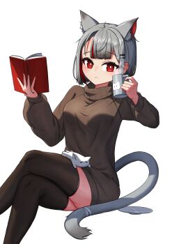 1girl :&lt; absurdres animal_ears black_thighhighs book breasts brown_sweater cat_ears cat_girl cat_tail crossed_legs cup ear_piercing extra_ears grey_hair highres holding holding_book holding_cup long_sleeves looking_at_viewer maro_(neneko_mashiro) medium_breasts mug multicolored_hair neneko_mashiro no_pants piercing red_eyes red_hair simple_background sseonyu stellive streaked_hair sweater tail thighhighs turtleneck turtleneck_sweater two-tone_hair virtual_youtuber white_background