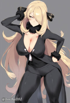 1girl ai-generated alternate_breast_size_(larger) black_coat blonde_hair breasts cleavage closed_mouth coat covered_erect_nipples covered_navel cowboy_shot cynthia_(pokemon) fur-trimmed_coat fur-trimmed_sleeves fur_collar fur_trim grey_eyes hair_ornament hair_over_one_eye hand_on_own_hip huge_breasts large_breasts long_hair long_sleeves looking_to_the_side lowball01 mature_female midriff navel nintendo nipples pokemon pokemon_dppt simple_background solo standing thick_thighs thighs very_long_hair wide_hips