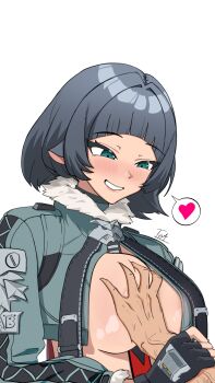 1boy 1girl absurdres animal_ears between_breasts black_gloves black_hair blush breasts fingerless_gloves gloves grabbing_another's_breast grey_jacket grin groping guided_breast_grab guiding_hand heart highres jacket jane_doe_(zenless_zone_zero) large_breasts mouse_ears mouse_girl necktie necktie_between_breasts no_bra one_breast_out open_clothes open_jacket smile spoken_heart tea220622 white_background zenless_zone_zero