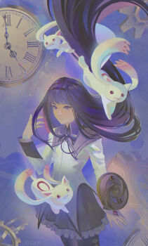1girl absurdres akemi_homura akemi_homura_(magical_girl) alien analog_clock argyle_clothes argyle_thighhighs black_hair black_hairband black_thighhighs bow bowtie capelet clock clone closed_mouth collared_capelet commentary cowboy_shot creature floating_hair frilled_skirt frills frown furrowed_brow gears hair_floating_upwards hairband hand_up highres ikohiki kyubey layered_sleeves long_hair long_sleeves looking_ahead magical_girl mahou_shoujo_madoka_magica mahou_shoujo_madoka_magica_(anime) pleated_skirt purple_bow purple_bowtie purple_capelet purple_eyes purple_skirt roman_numeral shield skirt standing thighhighs