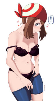 Rule 34 | !, 1girl, absurdres, bandana, bike shorts, bike shorts pull, black bra, black panties, blue eyes, bow, bow bra, bow panties, bra, breasts, brown hair, closed mouth, collarbone, commentary, eyelashes, heart, highres, looking at viewer, may (pokemon), navel, nintendo, off-shoulder, pabsmikan, panties, pokemon, pokemon (anime), pokemon rse (anime), red bandana, simple background, solo, spoken exclamation mark, strap slip, underwear, undressing, white background