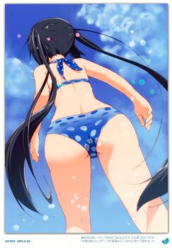 1girl 2011 absurdres ass back bikini black_hair blue_bikini dated day errant female_focus from_behind from_below highres k-on! long_hair nakano_azusa outdoors polka_dot polka_dot_bikini polka_dot_swimsuit solo swimsuit trefoil twintails