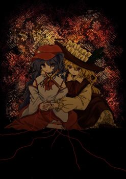 2girls amacha_0000 black_eyes black_hair blonde_hair brown_hat cross dolls_in_pseudo_paradise frills hat hat_ornament highres jacket_girl_(dipp) label_girl_(dipp) long_hair multiple_girls red_eyes red_hat red_skirt ribbon sitting skirt star_(symbol) star_hat_ornament touhou very_long_hair