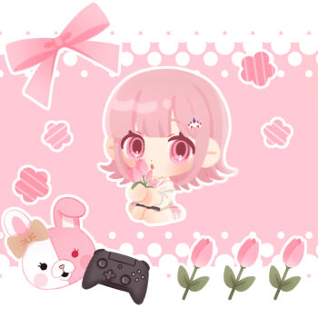 1girl :o blush bow chibi commentary_request controller danganronpa_(series) danganronpa_2:_goodbye_despair flower game_controller hair_ornament highres jacket long_sleeves medium_hair monomi_(danganronpa) nanami_chiaki official_alternate_costume pink_bow pink_eyes pink_flower pink_hair potato_kkkb
