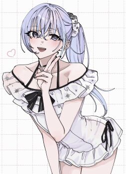 1girl bent_over black_ribbon blue_hair choker collarbone commentary_request eyelashes frilled_one-piece_swimsuit frills grid_background hair_ornament hair_scrunchie heart highres idolmaster idolmaster_shiny_colors leaning_forward ne_mu_ko05 off-shoulder_one-piece_swimsuit off_shoulder one-piece_swimsuit open_mouth ponytail ribbon scrunchie solo suzuki_hana swimsuit teeth upper_teeth_only v white_one-piece_swimsuit