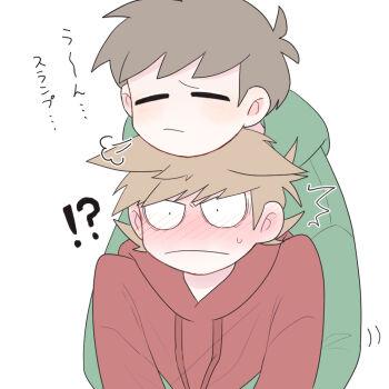 !? 2boys =_= antenna_hair blush brown_hair commentary_request drawstring edd_(eddsworld) eddsworld flipped_hair flustered frown green_hoodie hair_behind_ear hair_ears height_difference hood hood_down hoodie hug hug_from_behind long_sleeves male_focus mau_(edd_tom) multiple_boys red_hoodie short_hair simple_background surprised sweatdrop swept_bangs tord_(eddsworld) translation_request v-shaped_eyes white_background wide-eyed yaoi