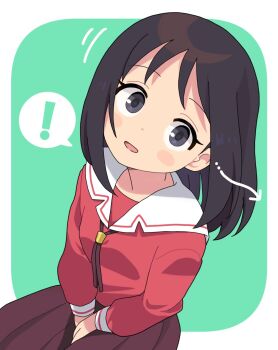 Rule 34 | !, 1girl, azumanga daioh's school uniform, azumanga daiou, blush, breasts, brown hair, grey eyes, hands on own thighs, highres, image in speech bubble, kasuga ayumu, long hair, looking at viewer, niwaniha0711, open mouth, outside border, pleated skirt, red shirt, red skirt, sailor collar, school uniform, shirt, sitting, skirt, white sailor collar
