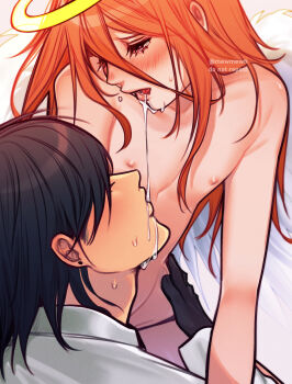 2boys absurdres angel_devil_(chainsaw_man) angel_wings black_gloves black_hair blush chainsaw_man clothed_male_nude_male commentary crossdressing crossdressing_(mtf) drooling_on_another earrings english_commentary eyelashes gloves halo hayakawa_aki highres jewelry long_hair looking_at_another male_focus mewmewti multiple_boys nipples nude saliva shirt short_hair spat_on spitting_in_another&#039;s_mouth traditional_halo twitter_username white_shirt white_wings wings yaoi