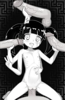 1girl 4boys absurdres collarbone cum cum_on_body cum_on_hair cumdrip deep_penetration disembodied_penis double_handjob extra_arms eyebrows_hidden_by_hair facial fang feet_out_of_frame flat_chest greyscale hand_on_own_stomach handjob hands_up hetero highres kneeling kommandoh large_penis loli long_hair looking_at_viewer monochrome monoko monster_girl multiple_boys nipples open_mouth penis pussy ribs sex solo_focus stomach_bulge twintails uncensored v vaginal yume_nikki